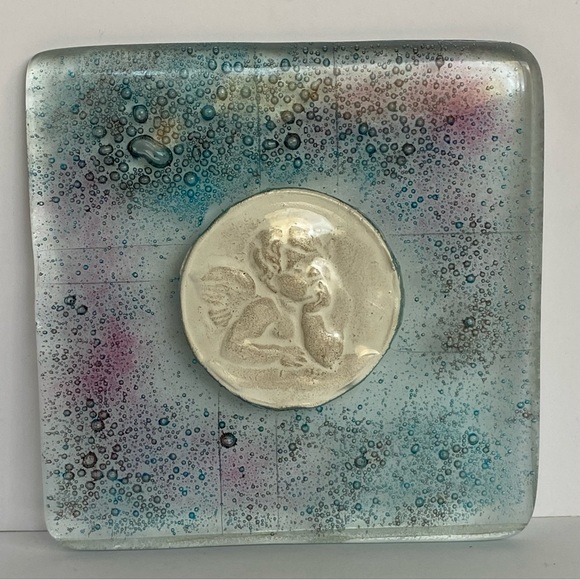 Fused Art Glass Wall Hanging Cherub Cupid Angel Plaque Blue Green 5.25” Square - Picture 6 of 16